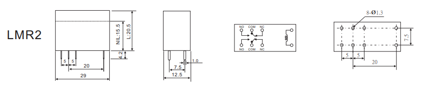 Relejs DC5V, DPDT, 2x5A/250VAC, 2x5A/30VDC, 47Ω(106mA), divi kontakti uz pārslēgšanu, 29x12.5x15.5mm, RAYEX ELECTRONICS