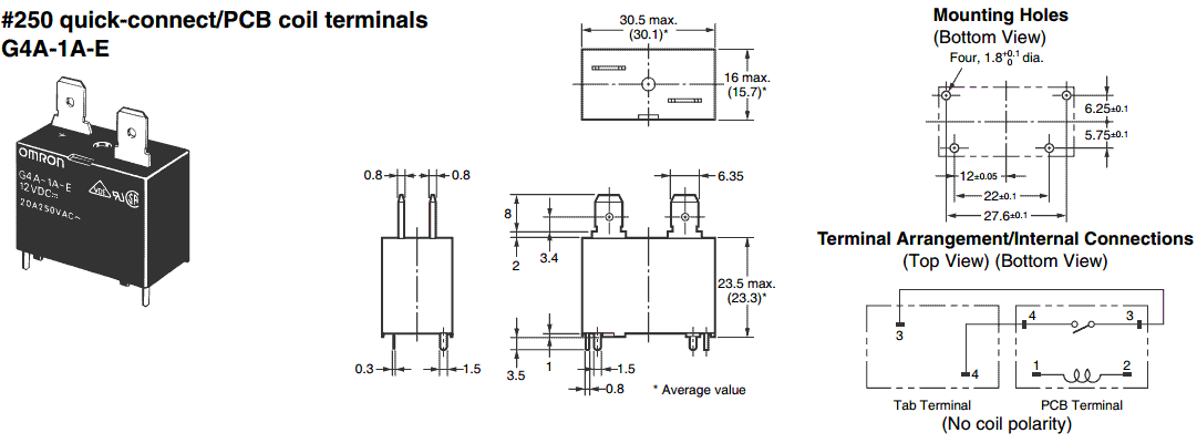 Relejs DC12V, SPST-NO, 20A/250VAC, 15A/30VDC, 160R(75mA), viens kontakts uz saslēgšanu ar papildus kontaktiem, 30.5x16x23.5mm, OMRON