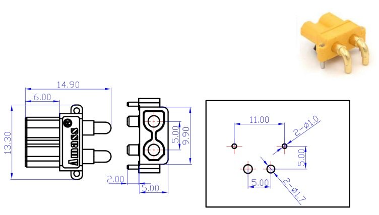 2Pin, XT30, "mama", 500V, 15A, lodejama PCB, leņķisks