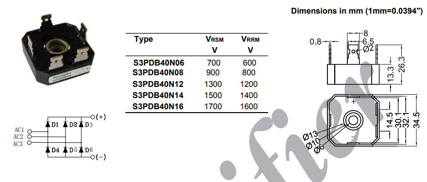 S3PDB40N16 Tiltiņš 3 fazas 40A, 1600V, 6.5x0.8mm, 34x34x26mm