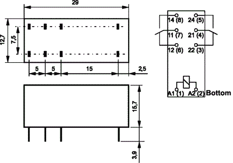 Relejs DC3V, DPDT, 2x8A/250VAC, 2x8A/24VDC, 22R(227mA), divi kontakti uz pārslēgšanu, 29x12.7x15.7mm, RELPOL
