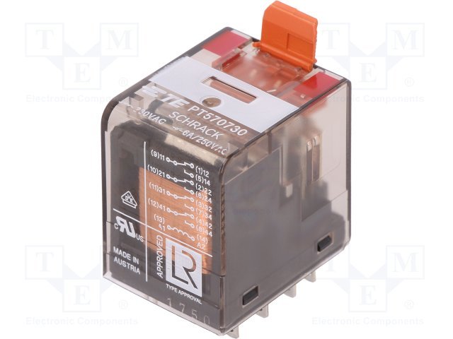 Relejs 230V/AC, 4PDT, 4x6A/240VAC, 4x6A/30VDC, 19465Ω(11.8mA), četras grupas pārslēgšana lodejama 28x22.5x30mm, TE Connectivity