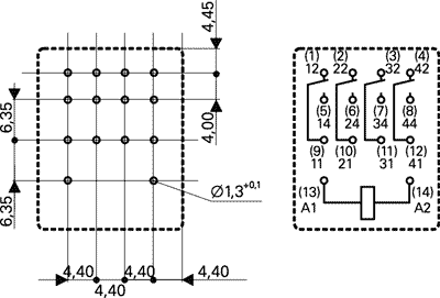 Relejs 230V/AC, 4PDT, 4x6A/240VAC, 4x6A/30VDC, 19465Ω(11.8mA), četras grupas pārslēgšana lodejama 28x22.5x30mm, TE Connectivity