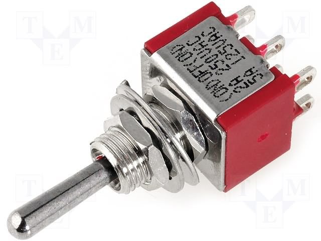 Tumblers, DP3T, (ON)-OFF-(ON), 2A/250VAC, 5A/28VDC, lodēšanai, M6, 12.7x11.43x8.89mm, bez fiksacijas