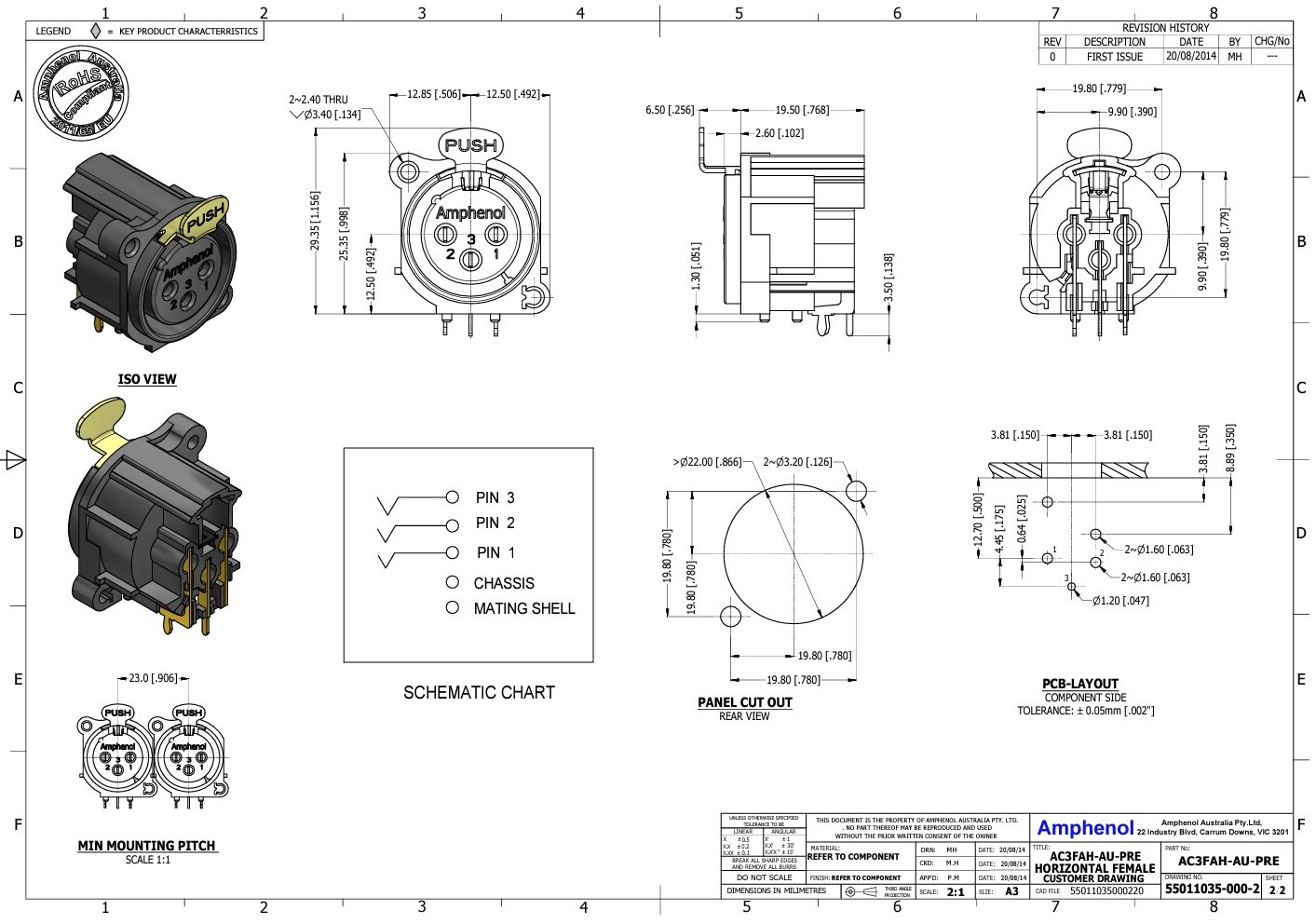 XLR 3PIN, ligzda, šasijai (2 skrūves), leņķisks, AMPHENOL
