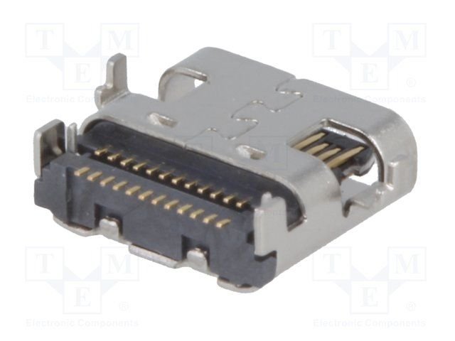 USB-C (type C), 3.1, ligzda uz šasija, SMT, vidū platei, 4 piestiprinājuma punkti, 24pin
