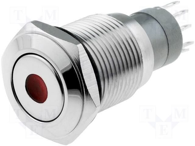 Poga M16x36mm, SPST-NO, ON-ON, 0.5A/220VAC, 1A/24VDC, IP67, LED24VDC, sarkana centrā, antivandala, ar fiksaciju