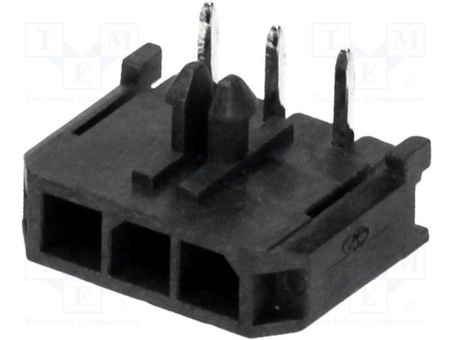 3pin(1x3), MicroFit, "mama/THT", šasijai, solis=3mm, 5A, leņķisks 90°