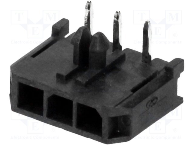 3pin(1x3), MicroFit, "mama/THT", šasijai, solis=3mm, 5A, leņķisks 90°