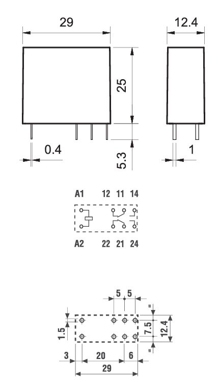 Relejs DC12V, DPDT, 2x8A/250VAC, 2x8A/30VDC, 220R(55mA), divi kontakti uz pārslēgšanu, 29x12.4x25mm, FINDER