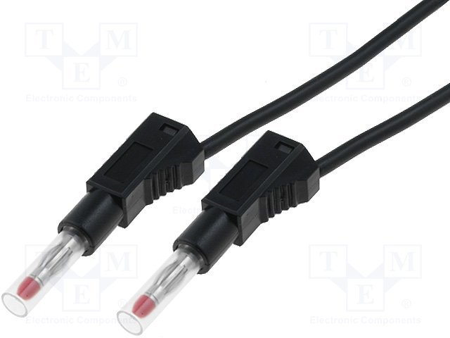 Testera savienotājvads, dakša "banāns" 4mm / dakša "banāns" 4mm, ar papildu spraugām, 19A, 1m, melns