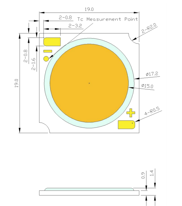 Ultra spožas gaismas diode, 56.92W, COB, 3003...7150lm, 3890-4080K, 120grad, 33.7...38.3VDC/480...1440mA, 19x19x1.4mm, neitrala balta