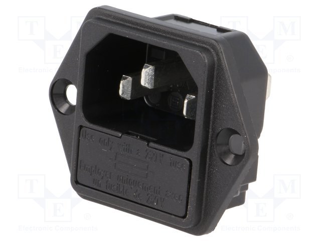 Tikla štekers, 250VAC, 10A, C14(E), + drošinātājs, ar 2 skrūvēm, šasijai