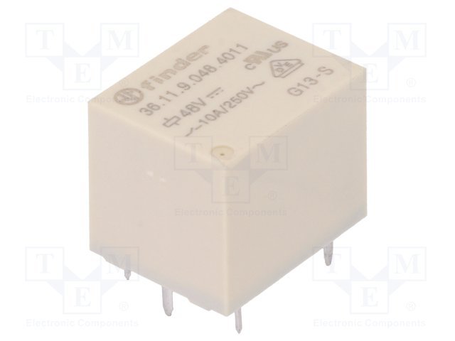 Relejs DC48V, SPDT, 10A/250VAC, 10A/30VDC, 6400Ω/7.5mA, viens kontakts uz pārslēgšanu, 19x15.5x15.5mm, FINDER