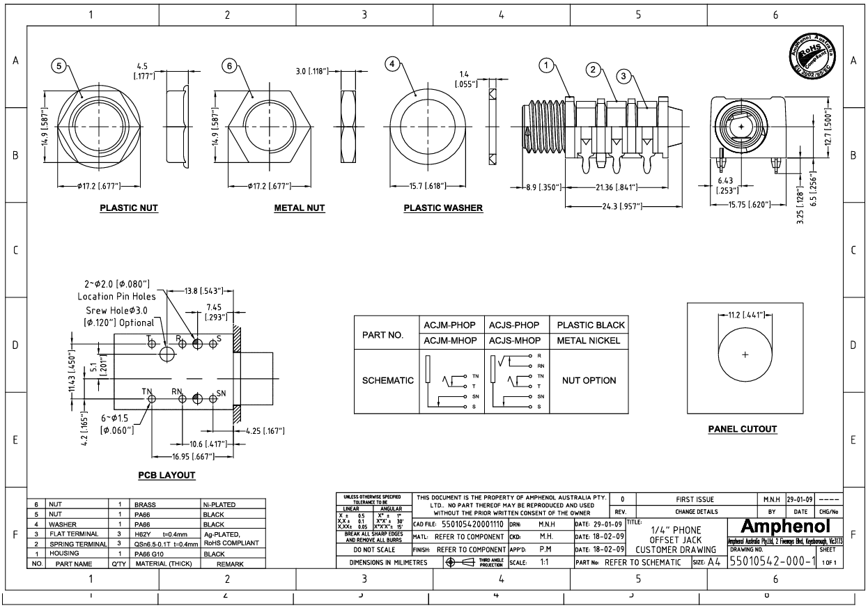 6.35mm ligzda, mono, plastmasas, THT, skrūvejamas šasijai M9, plastmasu uzgrieznis melna, on/off, AMPHENOL