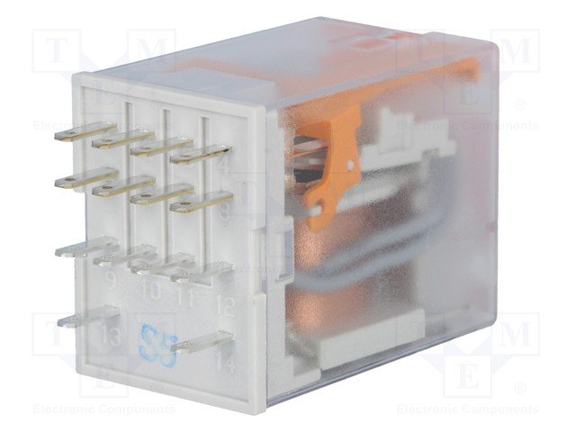 Relejs 230V/AC, 4PDT, 4x6A/250VAC, 4x6A/24VDC, 16100Ω(14.3mA), IP40, četras grupas uz pārslēgšanu, lodejama, 27.5x21.2x35.6mm, RELPOL