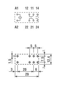 Relejs AC12V, DPDT, 2x8A/250VAC, 2x8A/30VDC,80R(150mA), divi kontakti uz pārslēgšanu, 29x12.4x25mm, FINDER