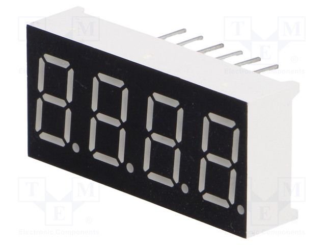 7LED indikators, ceturtkāršs, 9.14mm, 14x30mm, 4.6mcd, kopējs katods, zaļš