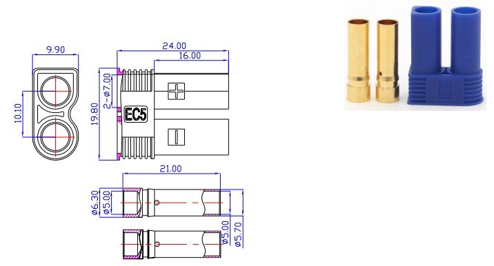 2Pin, EC5, "mama", lodējama vadam, 500V, 40A, 10AWG(5.26mm2), zila krasa, gold flash