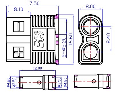 2Pin, EC3, "mama", lodējama vadam, 500V, 25A, 12AWG(3.31mm2), zila krasa, gold flash