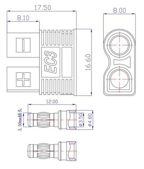 2Pin, EC3, "papa", lodējama vadam, 500V, 25A, 12AWG(3.31mm2), zila krasa, gold flash