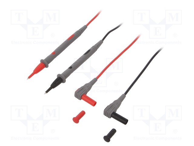 Testera savienotājvadi 2gab., melns un sarkans, dakša "banāns" 4mm / zonde 2mm, izolēts, 10A, PVH, EN61010 1000V CAT III, 1.20m