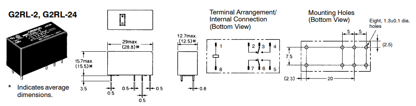 Relejs DC48V, DPDT, 2x8A/250VAC, 2x8A/24VDC, 5358Ω(9mA), divi kontakti uz pārslēgšanu, 29x12.7x15.7mm, OMRON