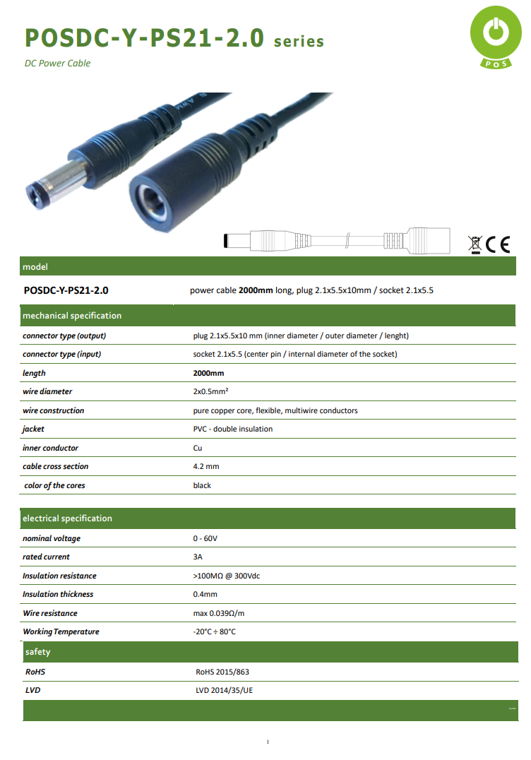 5.5*2.1mm spraudnis/5.5*2.1mm ligzda, L=10mm, pagarinājs, taisns, 60V/3A, 0.5mm2, vads, 2m