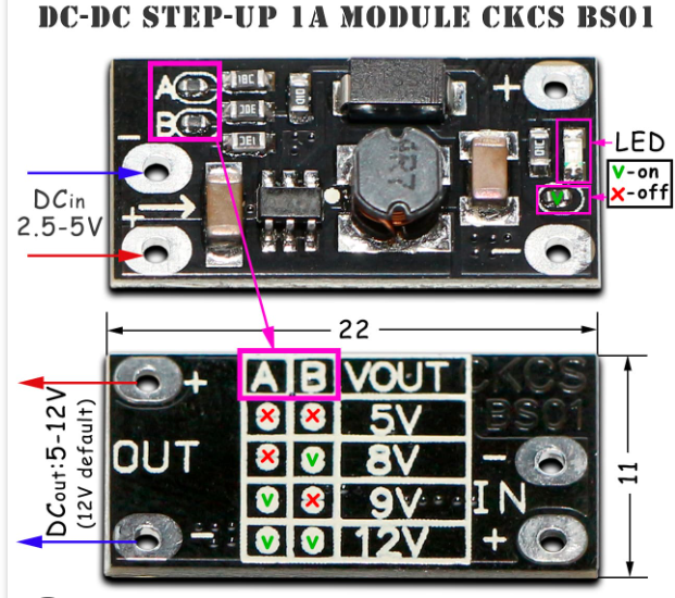 Modulis: Pārveidotājs, step down, Uie=2.5...5V, Uiz= 5V/1A, 8V/0.7A, 9V/0.7A, 12V/0.5A, 80..96%, 22x11x3.5mm, Baze MT3608(B628)