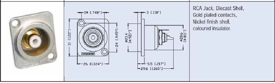 RCA ligzda, šasijai, GOLD, lodejama, sudrabota krasa, melns, 26x31x26.3mm, AMPHENOL