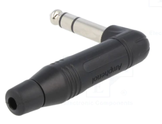 6.35mm štekers, stereo, metālisks, uz vadu, ar amortizatoru, sudrabots/melns, leņkisks, AMPHENOL