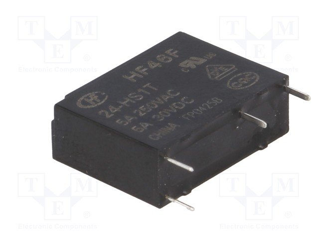 Relejs DC24V, SPST-NO, 5A/250VAC, 5A/30VDC, 2.88kΩ(8.3mA), viens kontakts uz saslēgšanu, 20.5x7x15.3mm, HONGFA RELAY