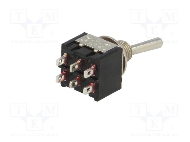 Tumblers, DPDT, ON-(ON), 3A/250VAC, lodēšanai, Ø6mm, 13.2x12.9x9.5mm, divi kontakti uz divam stavoklim, bez fiksacijas, collas vītne