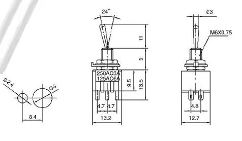Tumblers, DPDT, ON-(ON), 3A/250VAC, lodēšanai, Ø6mm, 13.2x12.9x9.5mm, divi kontakti uz divam stavoklim, bez fiksacijas, collas vītne