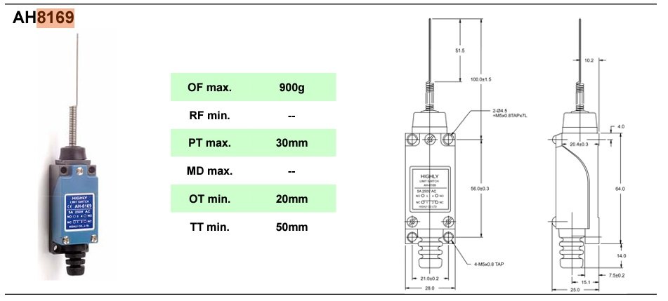 Gala slēdzis, ar atspere elementu L=80mm, NO + NC, 5A/250VAC, IP64, 64x28x25mm