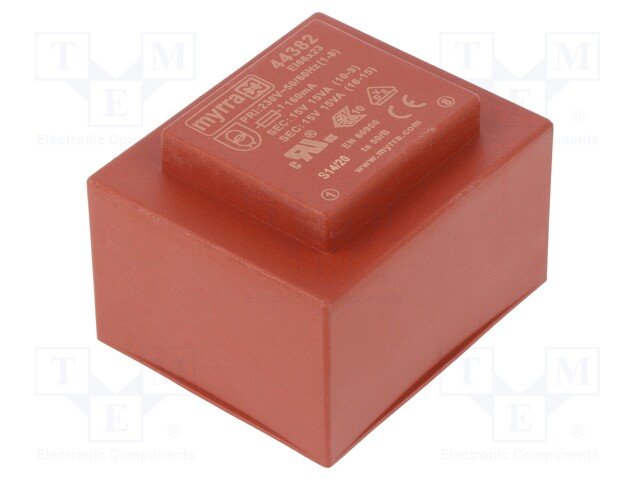 Transformators 220V=>2x15V, 2x1000mA, 30VA, 70x59x48.75mm