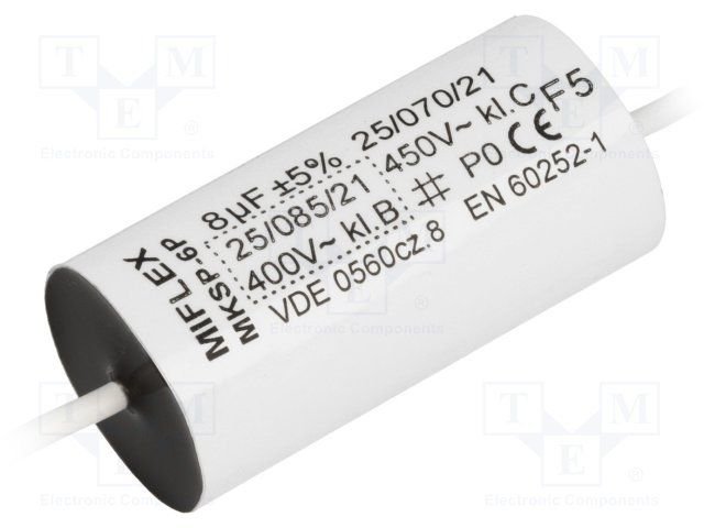 8.0/450V+cable elektromotoru kondensators, Ø21x47mm, ±5%, aksialie izvadi