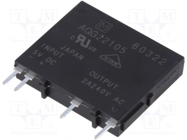 AQG22105 Pusvadītāju relejs, 1 fāze, Uspol=4...6VDC, Ukom=75...264VAC, 2A, 24.5x20.5x4.5mm, zero voltage switching, PANASONIC