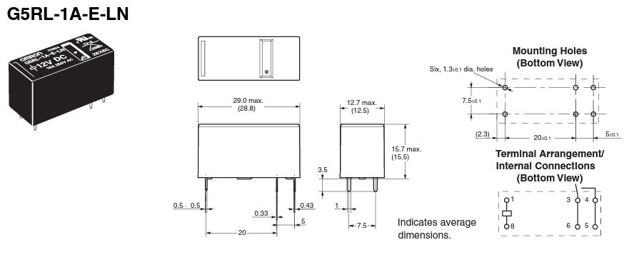 Relejs DC12V, SPST-NO, 16A/250VAC, 16A/24VDC, 272R(43.6mA), viens kontakts uz saslēgšanu, 29x12.7x15.7mm, OMRON