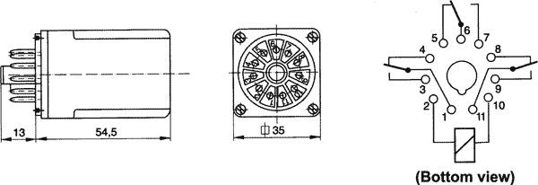Relejs AC24V, 3PDT, 3x10A/250VAC, 3x10A/24VDC, 75R(65mA), trīsi kontakti uz pārslēgšanu, 35x35x54.5mm, RELPOL