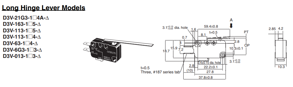 Mikropārslēdzējs ar sviru L=50.9mm, SPDT, ON-(ON), 16A/250VAC,10A/30VDC, IP40, 27.8x10.3x15.9mm, viens kontakts uz pārslēgšanu, OMRON