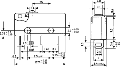 Mikropārslēdzējs bez sviras, SPDT, ON-(ON), 5A/250VAC, IP40, 19.9x6.4x9.5mm, 1.7N, garas kaiņas, viens kontakts