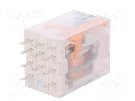 Relejs DC12V, 3PDT, 3x10A/250VAC, 3x10A/24VDC, 160Ω(75mA), IP40, trīs kontakti uz pārslēgšanu, 27.5x21.2x35.6mm, RELPOL