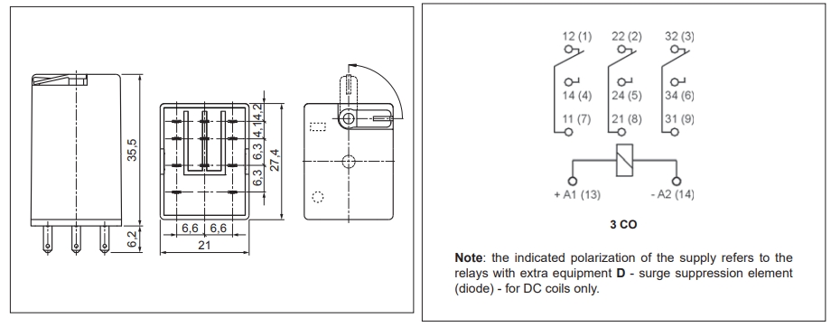 Relejs DC12V, 3PDT, 3x10A/250VAC, 3x10A/24VDC, 160Ω(75mA), IP40, trīs kontakti uz pārslēgšanu, 27.5x21.2x35.6mm, RELPOL