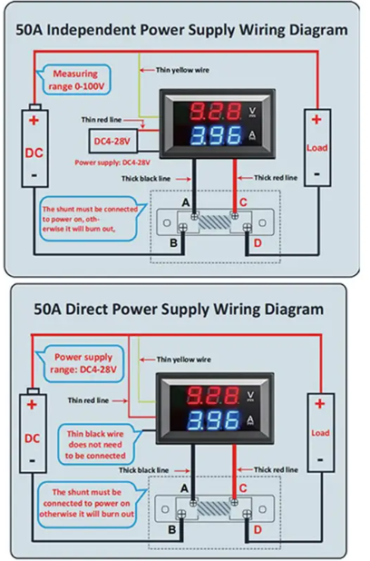 Modulis: Ciparu voltmetrs(sarkana)/ampērmetrs(zila), U=0...100VDC, I=0...50A, ar šuntu, barošana 4...30VDC, 48x29x25mm