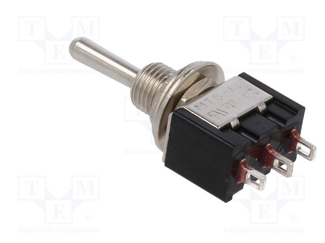 Tumblers, SP3T, (ON)-OFF-(ON), 3A/250VAC, lodēšanai, Ø6mm, 13.2x7.9x9.5mm, viens kontakts uz trīm stavoklim, bez fiksacijas, apaļš rokt., collas vītne