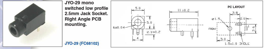 2.5mm ligzda, mono, plastmasas, THT, on/off, CLIFF