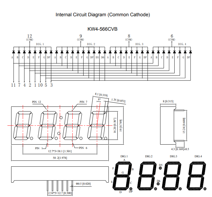 7LED indikators, ceturtkāršs, 14.2mm, 40...80mcd, 19x50x8mm, kopējs katods, sarkana krasa