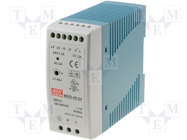Barošanas avots, 24V, 1.7A, 40W, 85÷264VAC, DIN sliedei, Mean Well