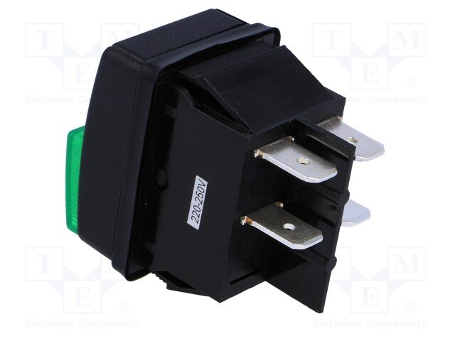 Taustiņslēdzis DPST, OFF-ON, 10A/250VAC, 30.4x22.2mm, apg. 230VAC, zaļš/melns, push-button, ar fiksāciju